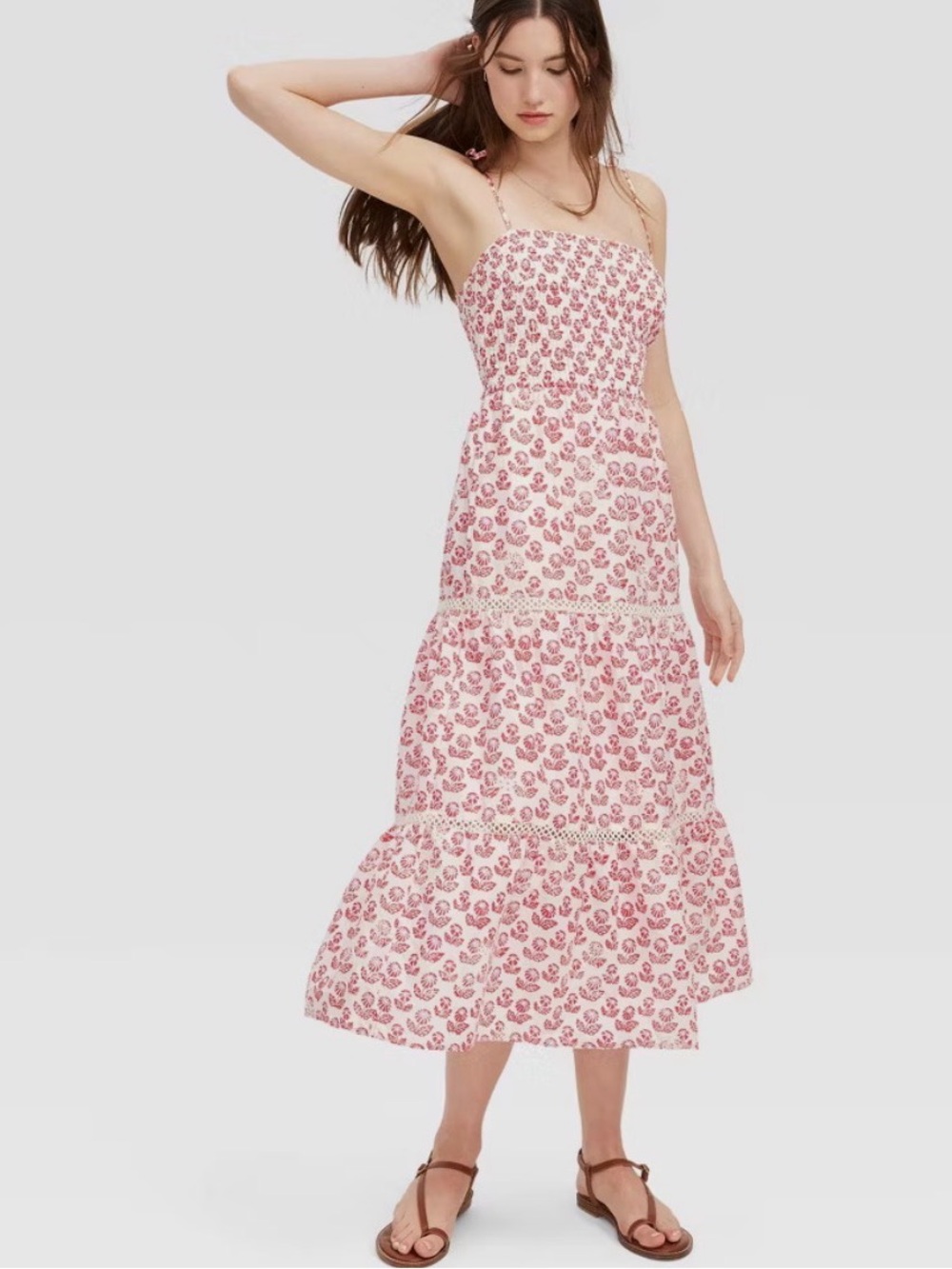 Roller Rabbit x Target red white floral tiered maxi Dress with Spaghetti Strap